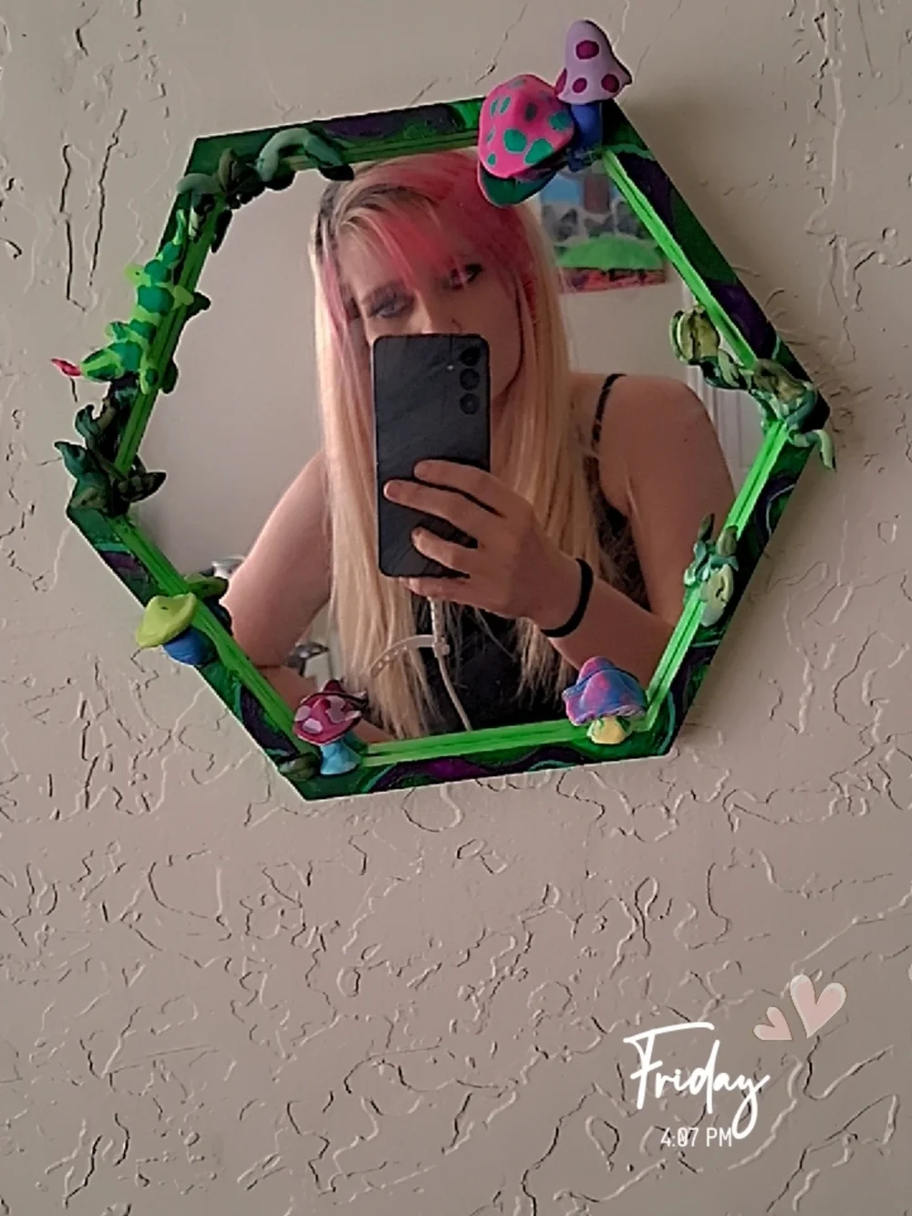 Handmade  One Of A Kind Green Hexagon Mushroom Mirror - Glowing Accent